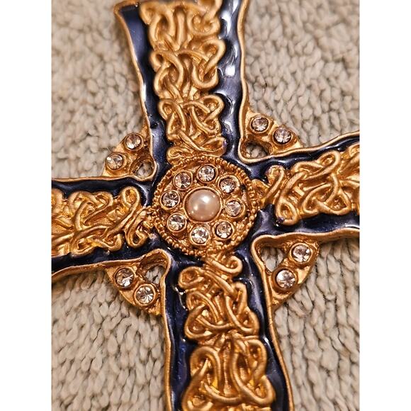 1980s Celtic Style Cross Faux Pearls Rhinestones Religious Decor Or Amulet - Picture 4 of 6